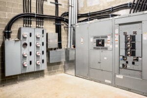 Electrical panel room in a New Orleans property, showcasing smart meters, the main power breaker, meter stacks, and cabinets from a perspective view.